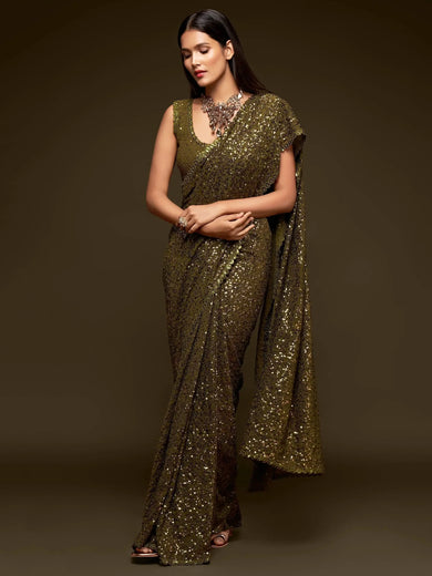 Olive Green Fully Sequined Georgette Party Wear Saree